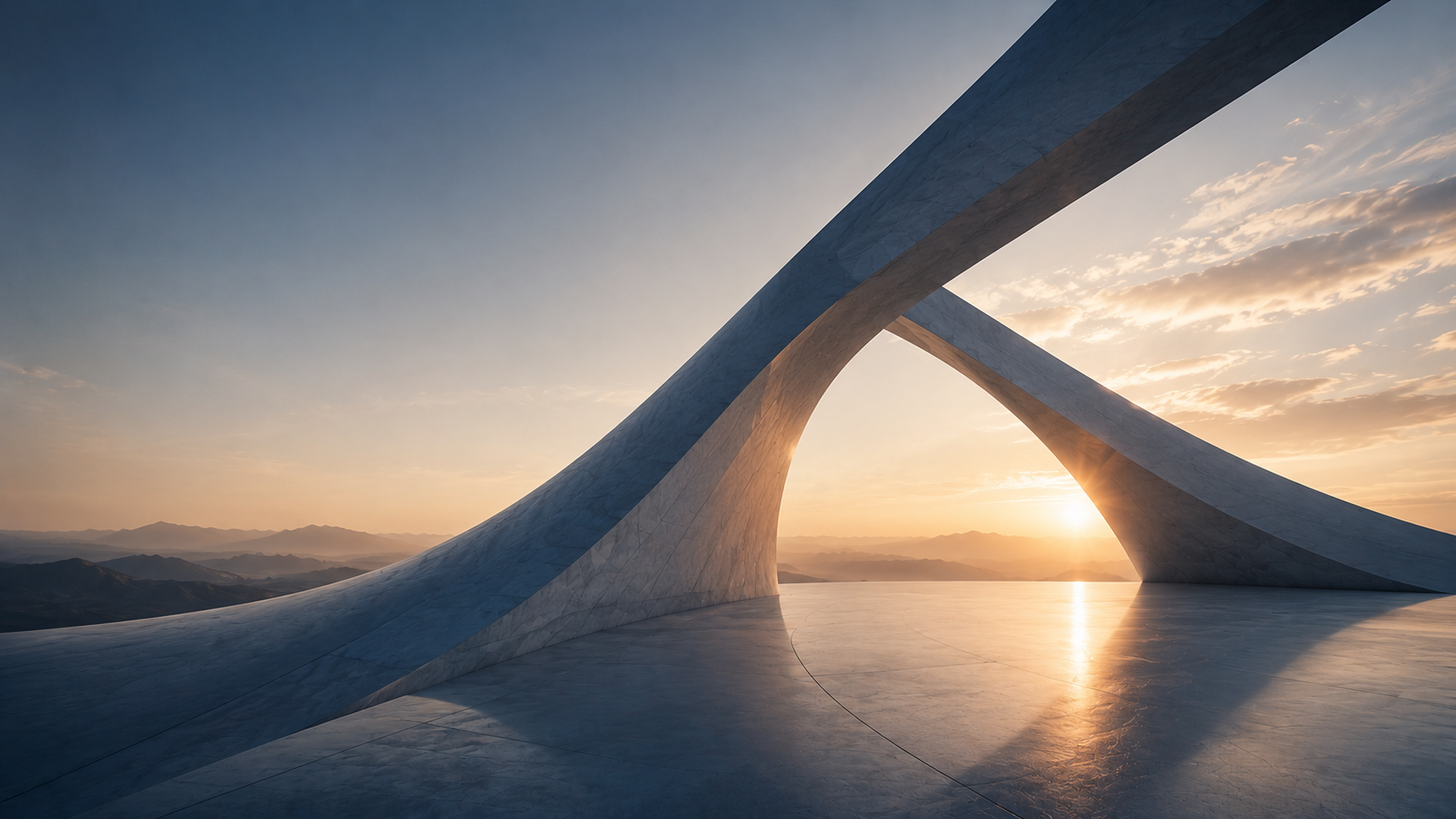 Intersecting architectural forms at sunset: PCL's technology ecosystem visual