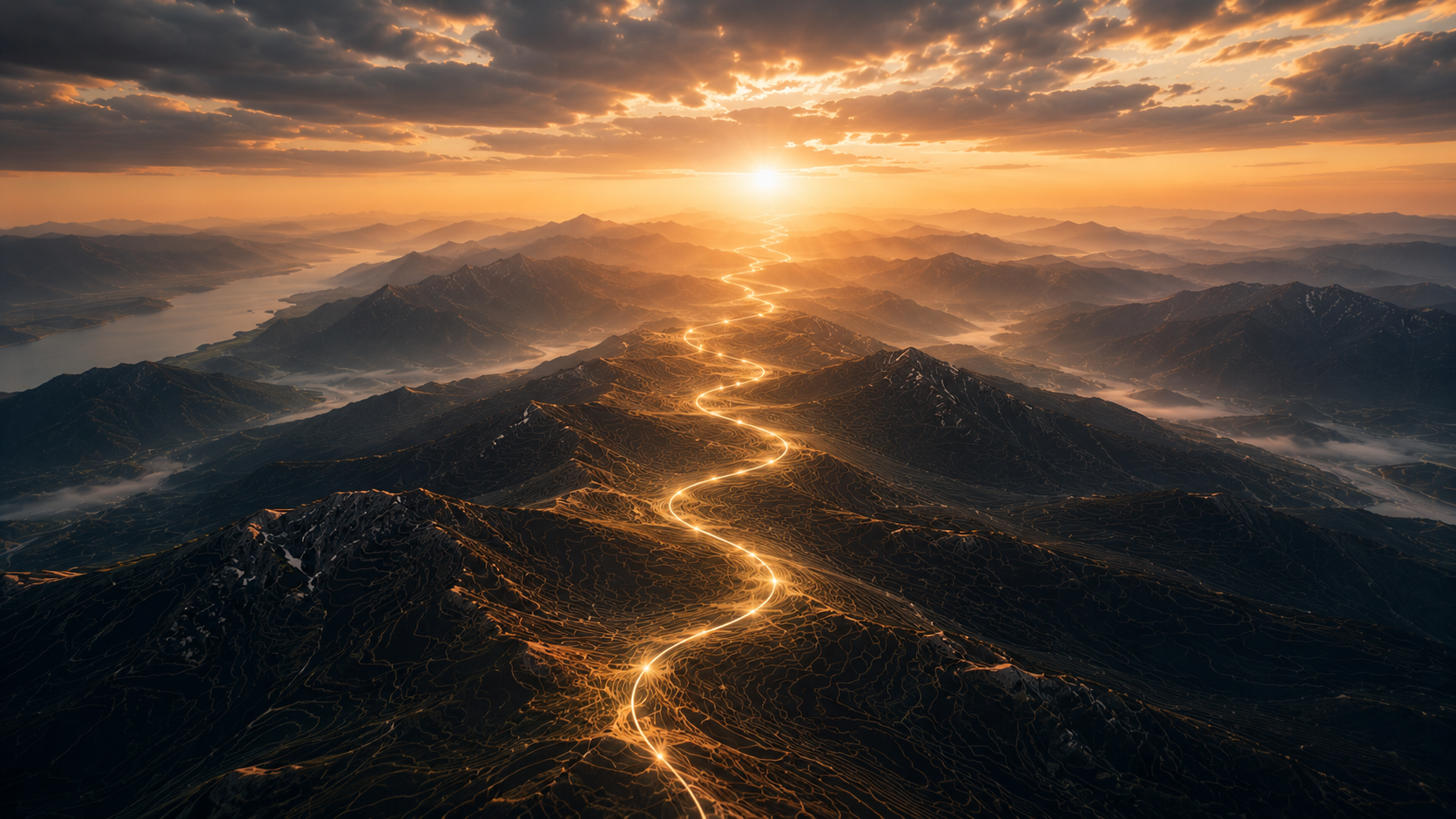Aerial view of a golden pathway winding through topographical mountain ridges toward a rising sun
